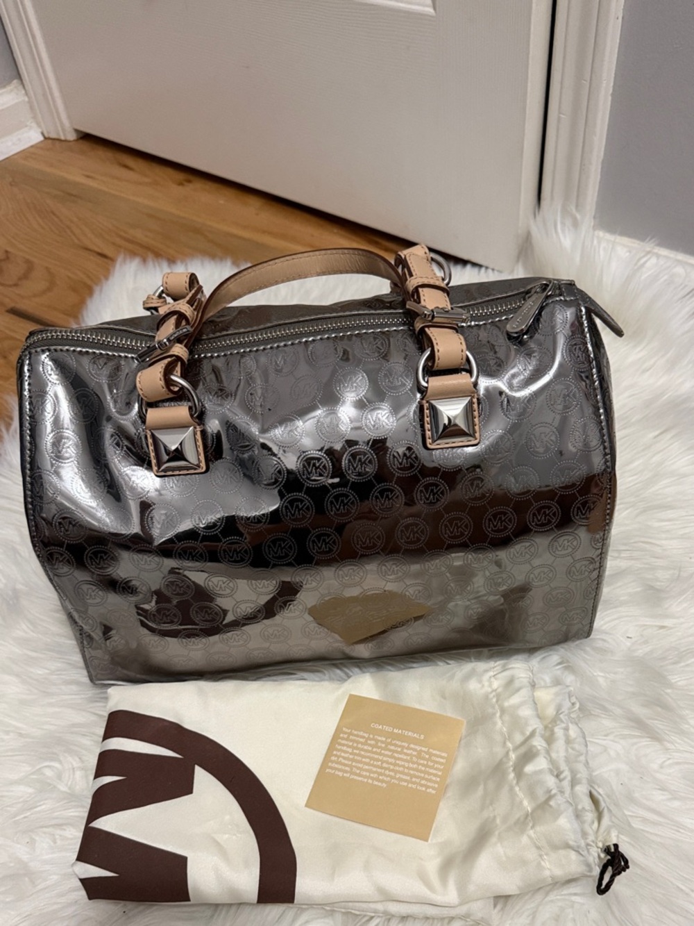 Michael Kors Metallic Silver Satchel with Tan Handles